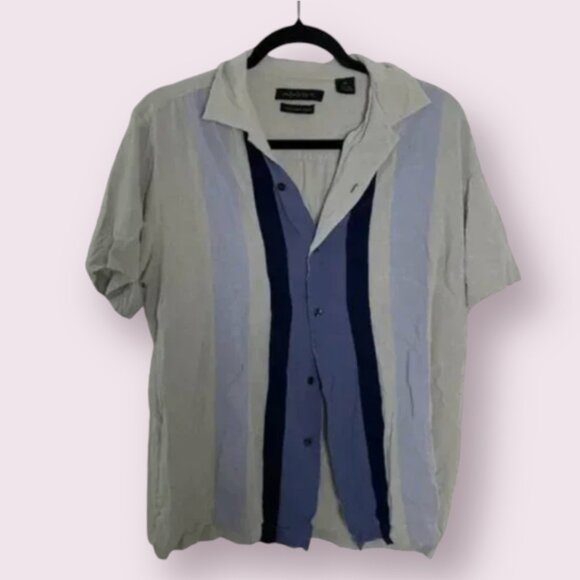Striped Button Pin Bowling Vintage Modern Trendy Hip Artsy Art Silk Blouse Top - Picture 1 of 5
